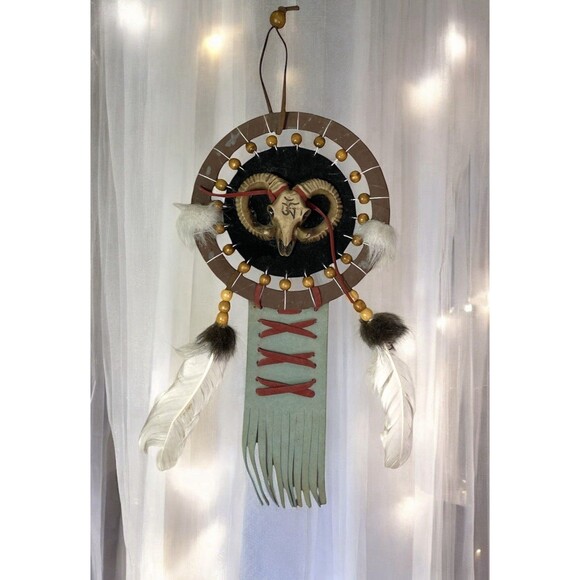 VTG Native American Handmade Mandala Dream Catcher, Wool, Fur, Feathers 16” Long - Picture 1 of 10